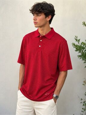 Greg Norman ML75 Performance Golf Polo Shirt Red White Striped Size L